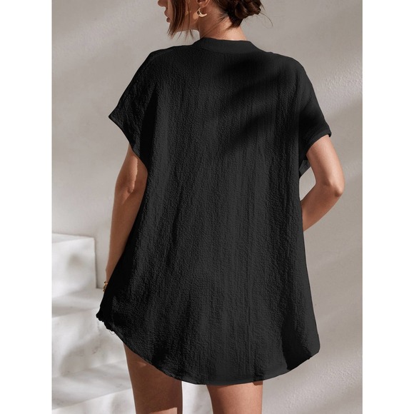 boho Notched Batwing Sleeve Blouse short sleeve hot pink - Picture 4 of 11